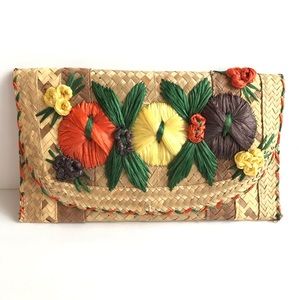 Vintage 1950s Straw Taffeta Floral Clutch Pin Up